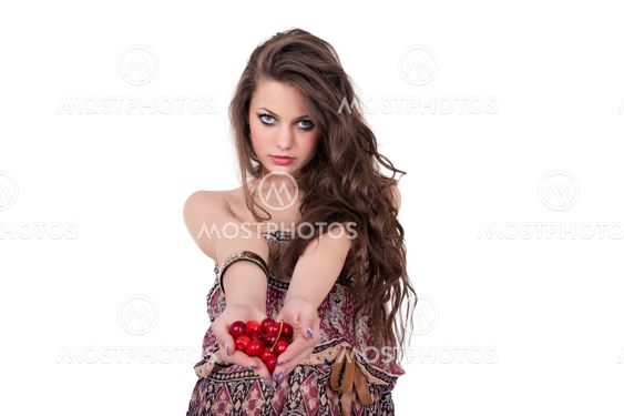 Beautiful girl with cherry over isloated white background