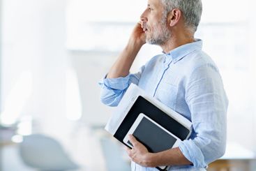 Phone call, documents and business man in office for...