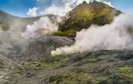 Volcanic activity, sulfur fumarole and hot gas on...