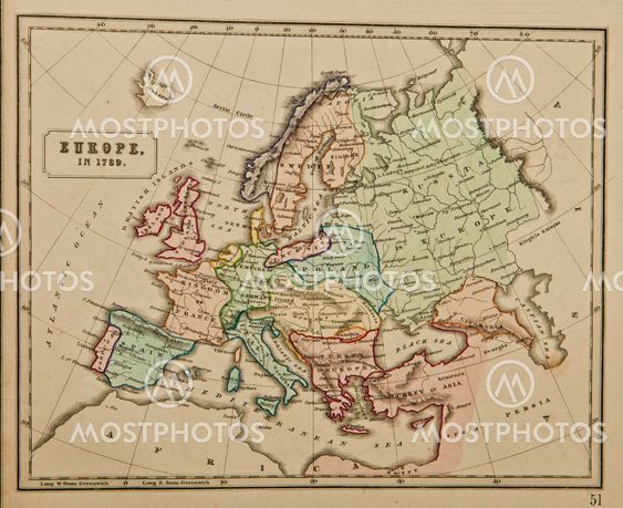 Europe in 1789. Ancient map of the world . Published by George Philip and son at London 1857 and are not subject to copyright.