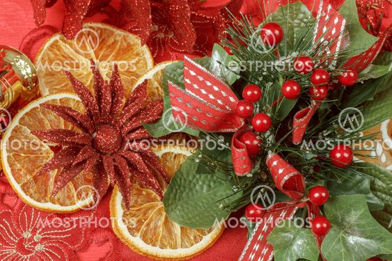 christmas background with needles. orange slices and gingerbreads