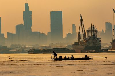 domestic life of man sailing long tail boat in chaopraya...