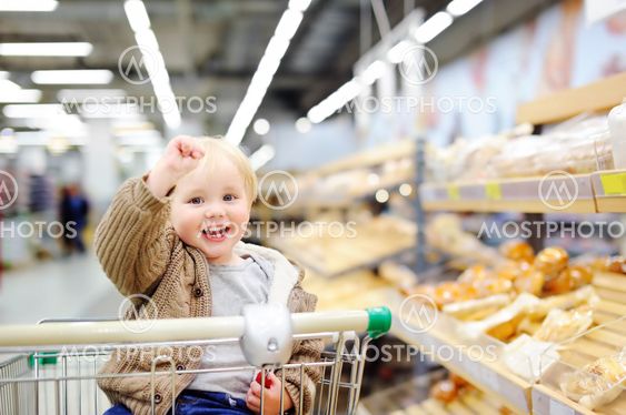 Toddler boy sitting in the shopping cart in a supermarket