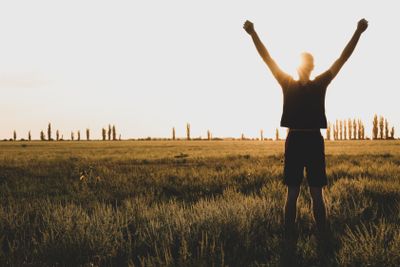 Free person in field. Beautiful summer sunset