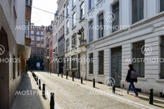 Brussels, Belgium - April 2015: Preserved old European-style residential and commercial buildings on streets of Brussels City, Belgium