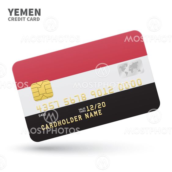 Credit card with Yemen flag background for bank, presentations and business. Isolated on white