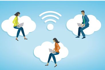 People sitting on clouds and work.