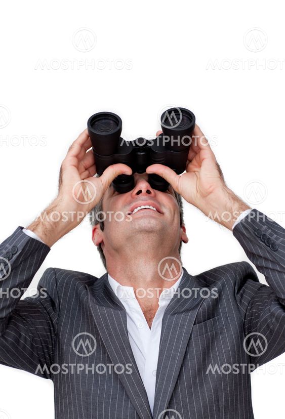 Positive Businessman looking up through a pair of binoculars