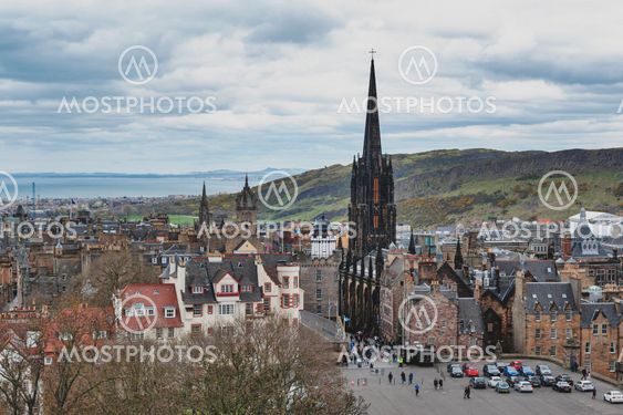 Edinburgh, Scotland - April 2018: Cityscape of Old Town Edinburgh on Royal Mile in Scotland with Tron Kirk, former gothic church, now functioned as The Hub, a venue for various events and festivals