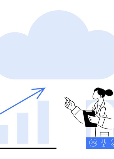 Doctor pointing at cloud and chart with upward trend,...