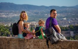 Family of four enjoy panoramic Alhambra view, Granada,...