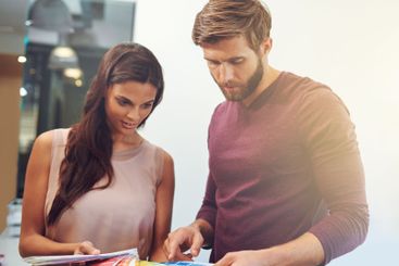 People, color swatch and choice in office for business,...