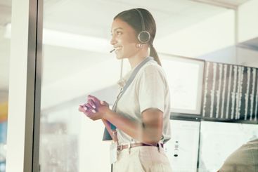 Control room, headset and smile with woman in airport...