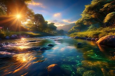 Golden hour sunlight reflecting on the surface of a...