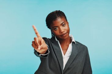 No, upset and portrait of businesswoman in studio with...