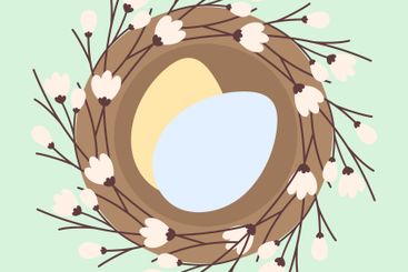 2 Easter Eggs in nest with blossom twigs in trendy soft...