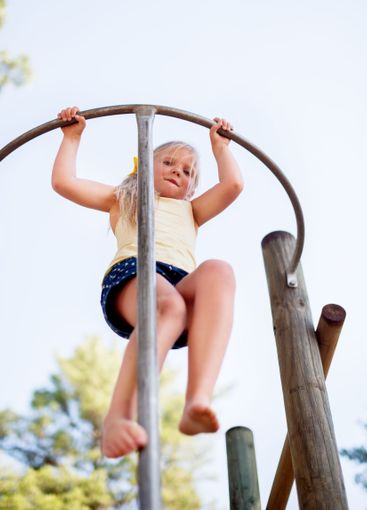 Playground, portrait and girl with fun, activity and...