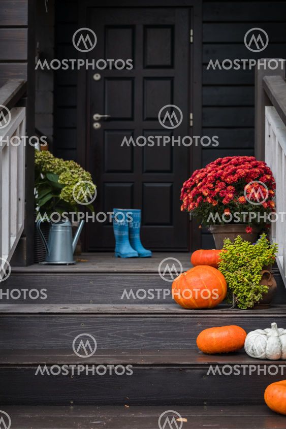 Traditional style porch, front steps decoration at...