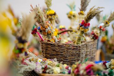 Traditional Lithuanian Easter palms known as verbos sold...