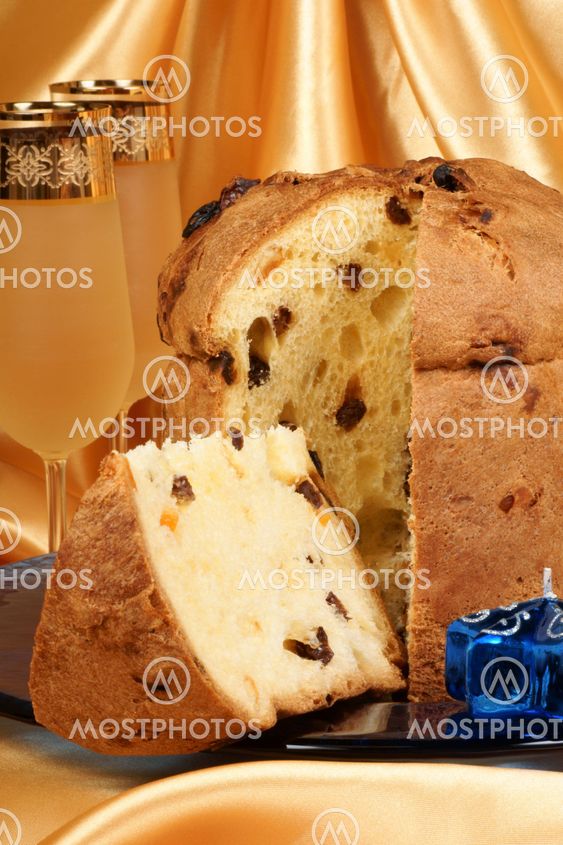 Italian Christmas composition with panettone and spumante