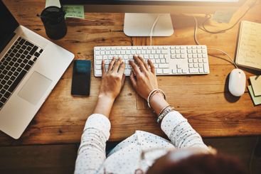 Above, business and woman with computer, hands and...