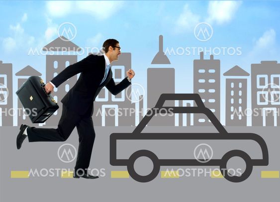 Businessman running behind silhouette car