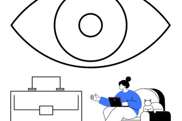 Eye with concentric circles, briefcase, and seated...