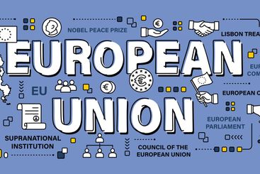 European union . Word and outline icon on solid color...