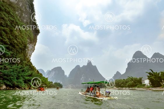Li river baboo boat in Yangshuo Guilin Guangxi Zhuang China
