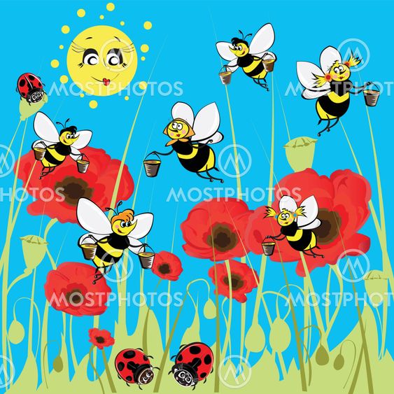Bees, ladybirds on the meadow under the sun.