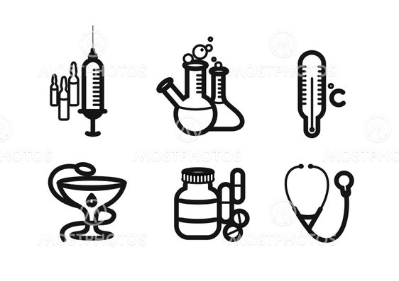 Icon set in black for medicine and pharmacy