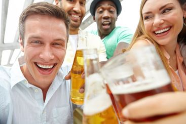 Beer, excited or friends toast in party for celebration,...