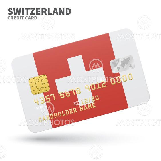 Credit card with Switzerland flag background for bank, presentations and business. Isolated on white