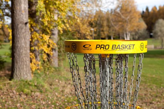 Frisbee-golf on a field.