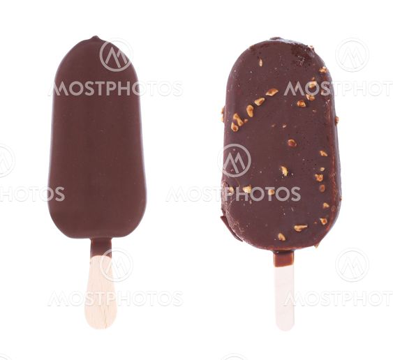Two chocolate-coated blocks of ice cream on stick.