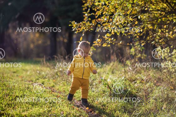 .Toddler todler in a yellow jacket learns to walk in an...