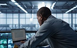 Technician in data center using programming languages on...