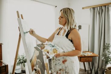 Painting, canvas and woman in studio in home for...