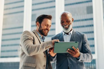 Business people, tablet and men in city, smile or...