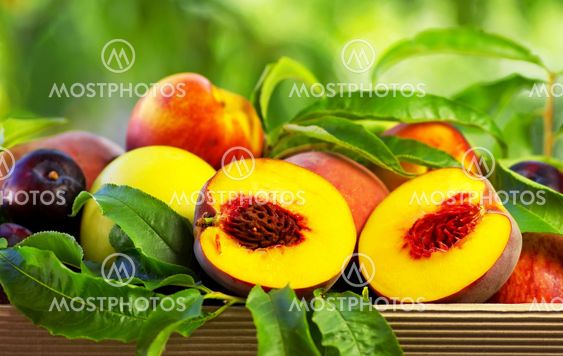 Peach on basket of various fruits