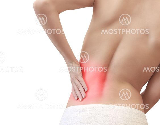 Young woman with back pain holding the hand isolated