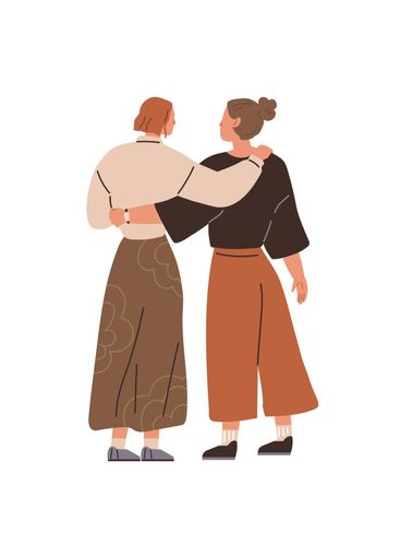 Two Women Walking Together with Arms Around Each Other...