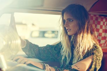 Road trip, travel and woman in car, journey and...