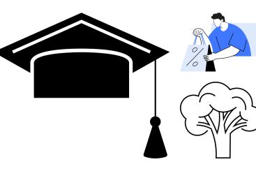 Graduation cap with tassel, person holding shopping...