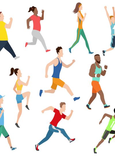 Vector running man and women in flat design style....