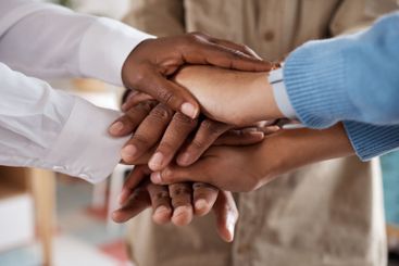 Business, hands pile and people together in office,...