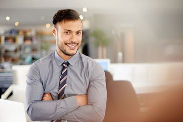 Man, arms crossed and professional in office, finance...