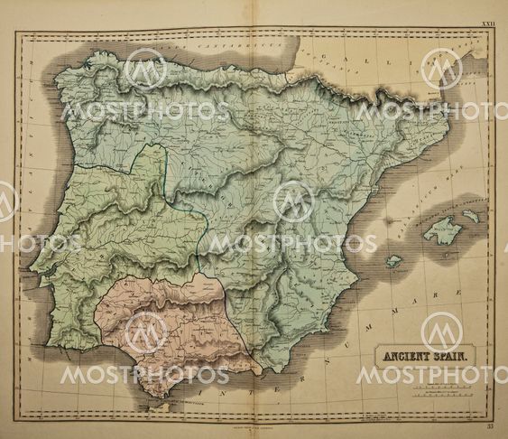 Spain. Ancient map of the world . Published by George Philip and son at London 1857 and are not subject to copyright.