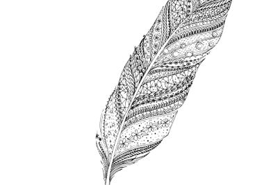 Artistically drawn, stylized, vector  feather on a white...