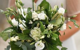 Bridal bouquet with the lisianthus and eucalyptus